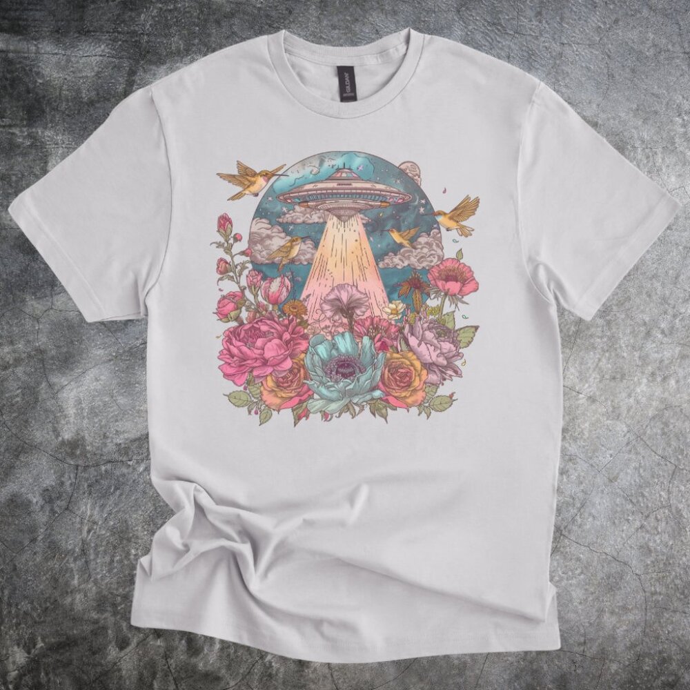 UFO Shirt Cosmic Floral Illustration Tshirt Cotton Tee Gray